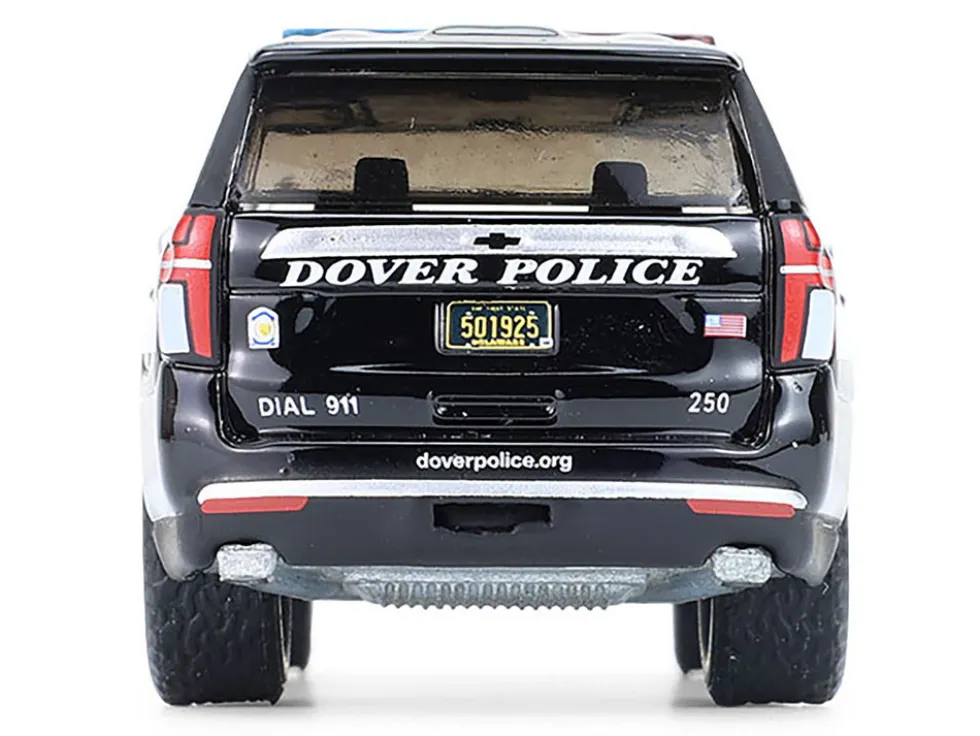 2024 Chevrolet Tahoe Police Pursuit Vehicle "Dover Police – 100th Anniversary Edition" Black with White Stripes "Hobby Exclusive" Series 1/64 Diecast Model Car by Greenlight