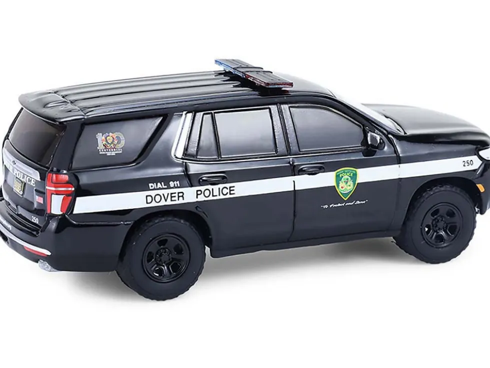 2024 Chevrolet Tahoe Police Pursuit Vehicle "Dover Police – 100th Anniversary Edition" Black with White Stripes "Hobby Exclusive" Series 1/64 Diecast Model Car by Greenlight