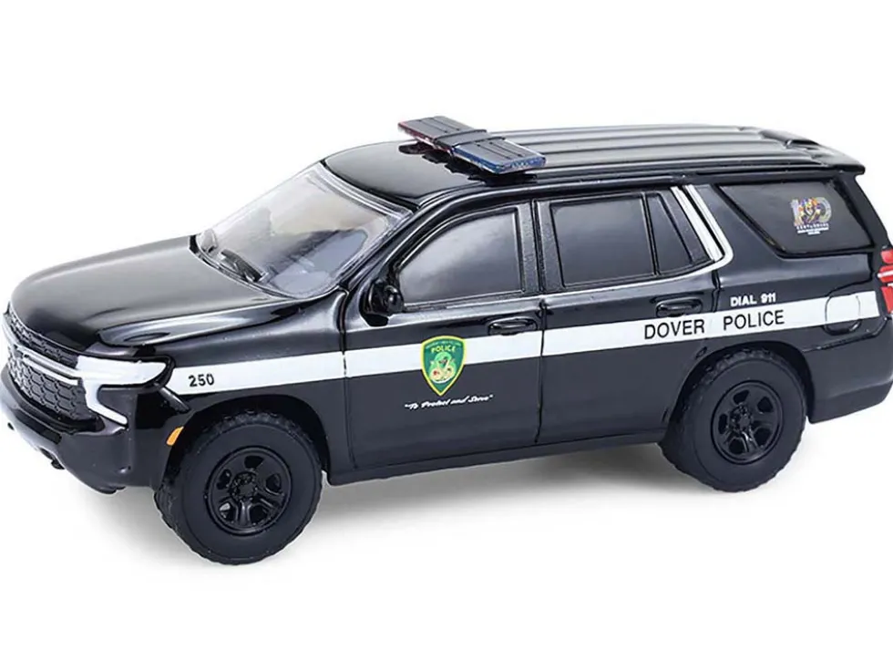2024 Chevrolet Tahoe Police Pursuit Vehicle "Dover Police – 100th Anniversary Edition" Black with White Stripes "Hobby Exclusive" Series 1/64 Diecast Model Car by Greenlight