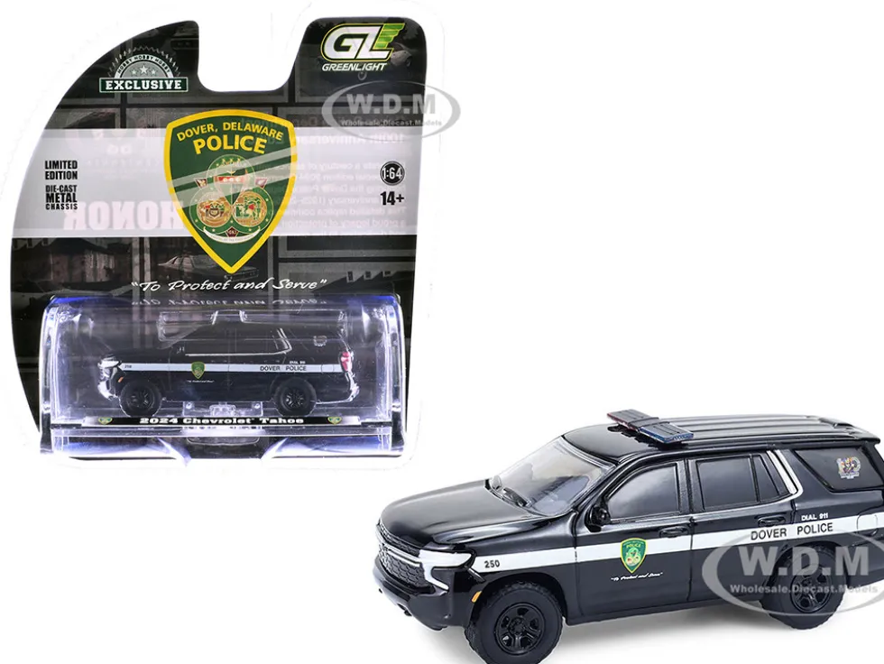 2024 Chevrolet Tahoe Police Pursuit Vehicle "Dover Police – 100th Anniversary Edition" Black with White Stripes "Hobby Exclusive" Series 1/64 Diecast Model Car by Greenlight