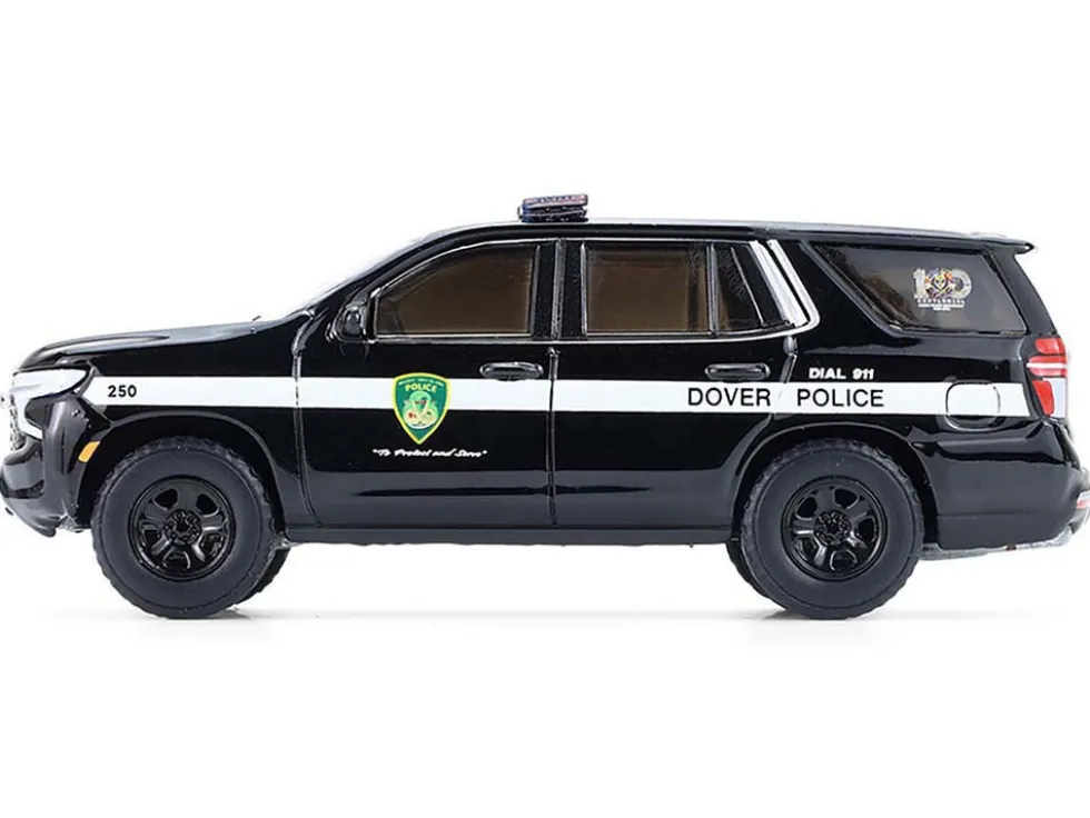 2024 Chevrolet Tahoe Police Pursuit Vehicle "Dover Police – 100th Anniversary Edition" Black with White Stripes "Hobby Exclusive" Series 1/64 Diecast Model Car by Greenlight
