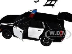 2025 Chevrolet Tahoe PPV Black and White "Builder's Kit" with Flashing Light Bar and Front and Rear Lights and Sounds 1/24 Diecast Model Car by Motormax