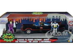 1966 Classic Batmobile with Diecast Batman The Joker The Penguin Plastic Robin Sitting Inside The Car Batman TV Series 1966 Hollywood Rides Series 1/24 Diecast Model Car Jada 33737