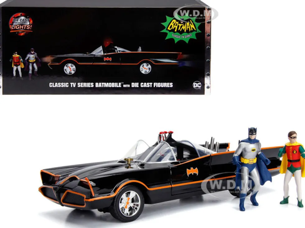 Classic TV Series Batmobile Working Lights Diecast Batman Robin Figures 80 Years Batman 1/18 Diecast Model Car Jada 98625