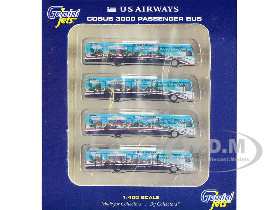 Cobus 3000 Passenger Bus White and Blue with Graphics US Airways Shuttle Bus Greener Transit 4 Piece Set 1/400 Diecast Models GeminiJets GJ1534