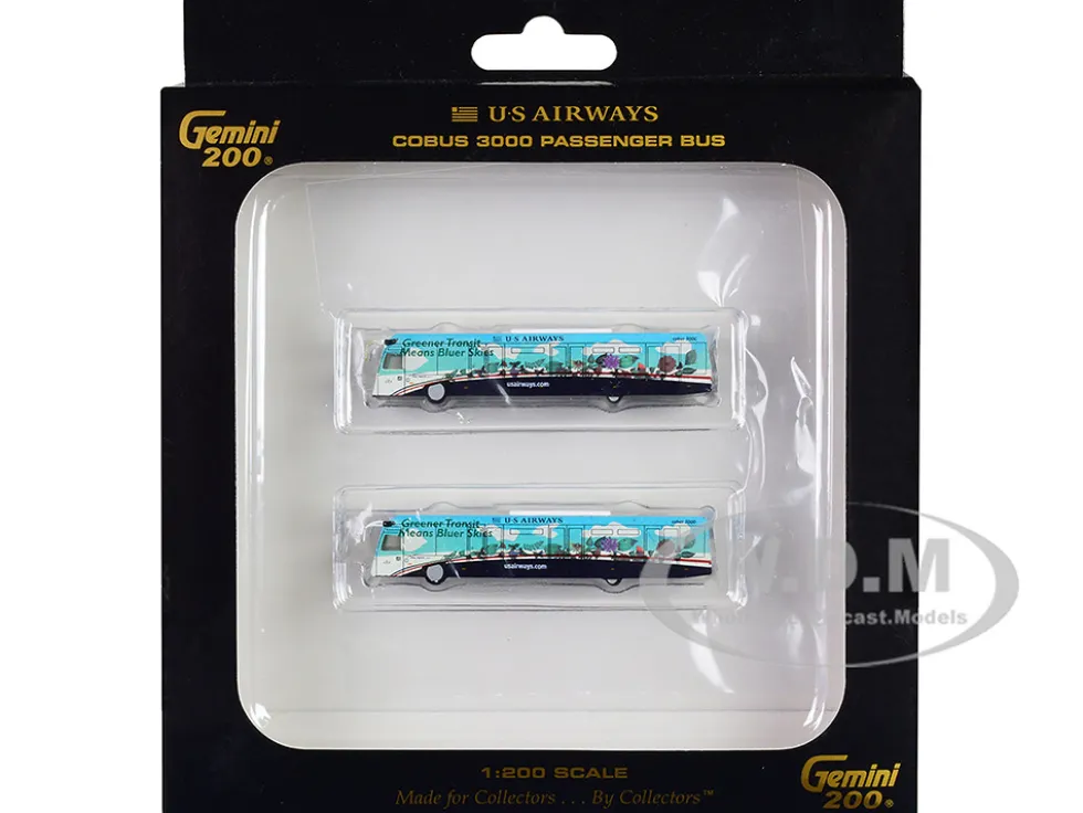 Cobus 3000 Passenger Bus White and Blue with Graphics US Airways Shuttle Bus Greener Transit 2 Piece Set Gemini 200 Series Diecast Models GeminiJets G2USA574