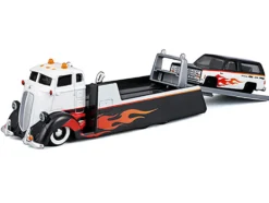 COE Flatbed Truck White and Black with Flame Graphics and 1979 Chevrolet K5 Blazer Black and White with Flame Graphics "Elite Transport" Series 1/64 Diecast Models by Maisto