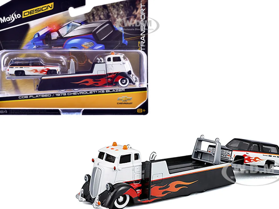 COE Flatbed Truck White and Black with Flame Graphics and 1979 Chevrolet K5 Blazer Black and White with Flame Graphics "Elite Transport" Series 1/64 Diecast Models by Maisto