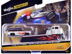 COE Flatbed Truck White and Black with Flame Graphics and 1979 Chevrolet K5 Blazer Black and White with Flame Graphics