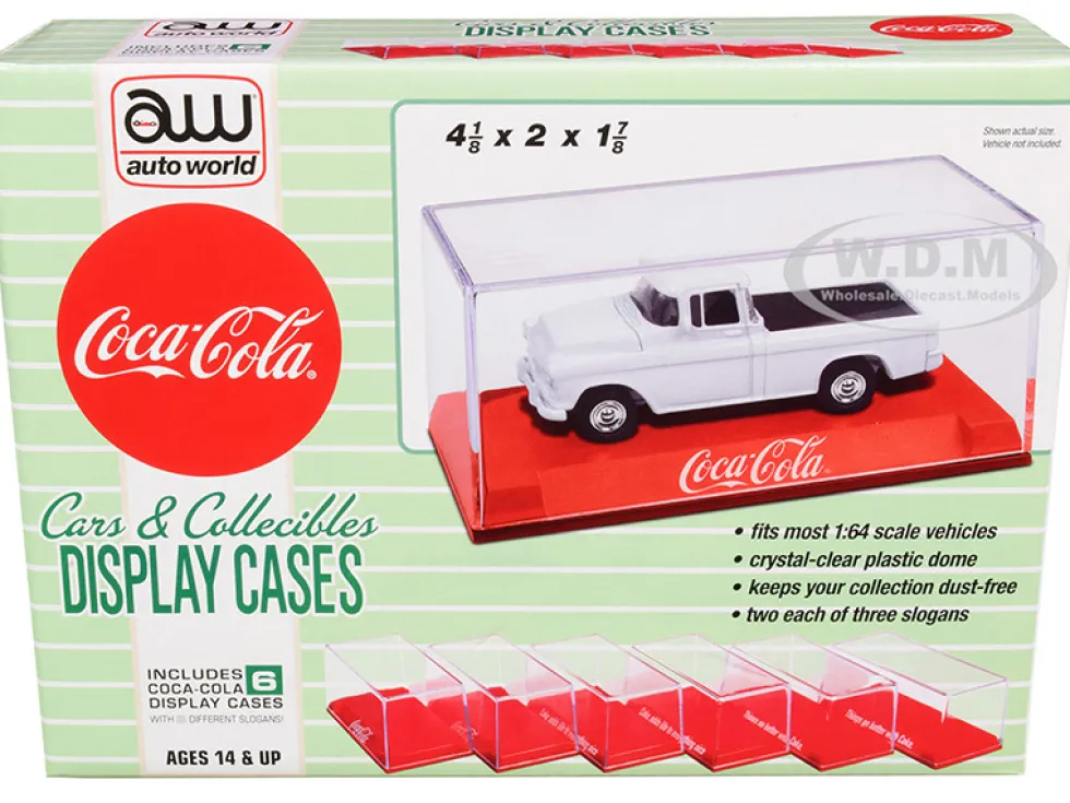 6 Collectible Acrylic Display Show Cases Red Plastic Bases 3 Different Slogans Coca Cola for 1/64 Scale Model Cars Auto World AWDC022