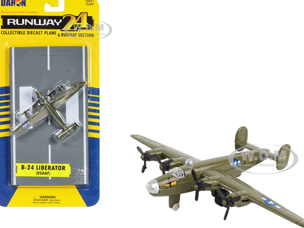 Consolidated B 24 Liberator Bomber Aircraft Olive Drab United States Army Air Force with Runway Section Diecast Model Airplane Runway24 RW045