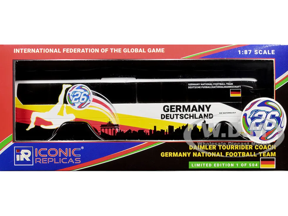 Daimler Tourrider Coach Bus "Germany National Football Team" White with Graphics "International Federation of the Global Game" Series Limited Edition to 504 pieces Worldwide 1/87 (HO) Diecast Model by Iconic Replicas