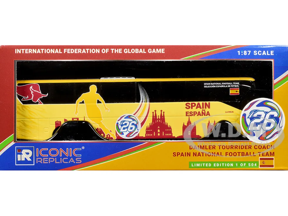 Daimler Tourrider Coach Bus "Spain National Football Team" Yellow with Graphics "International Federation of the Global Game" Series Limited Edition to 504 pieces Worldwide 1/87 (HO) Diecast Model by Iconic Replicas