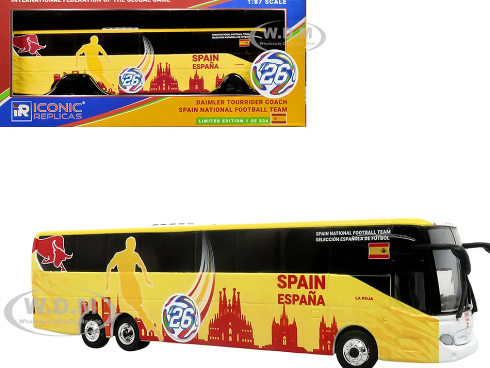 Daimler Tourrider Coach Bus "Spain National Football Team" Yellow with Graphics "International Federation of the Global Game" Series Limited Edition to 504 pieces Worldwide 1/87 (HO) Diecast Model by Iconic Replicas