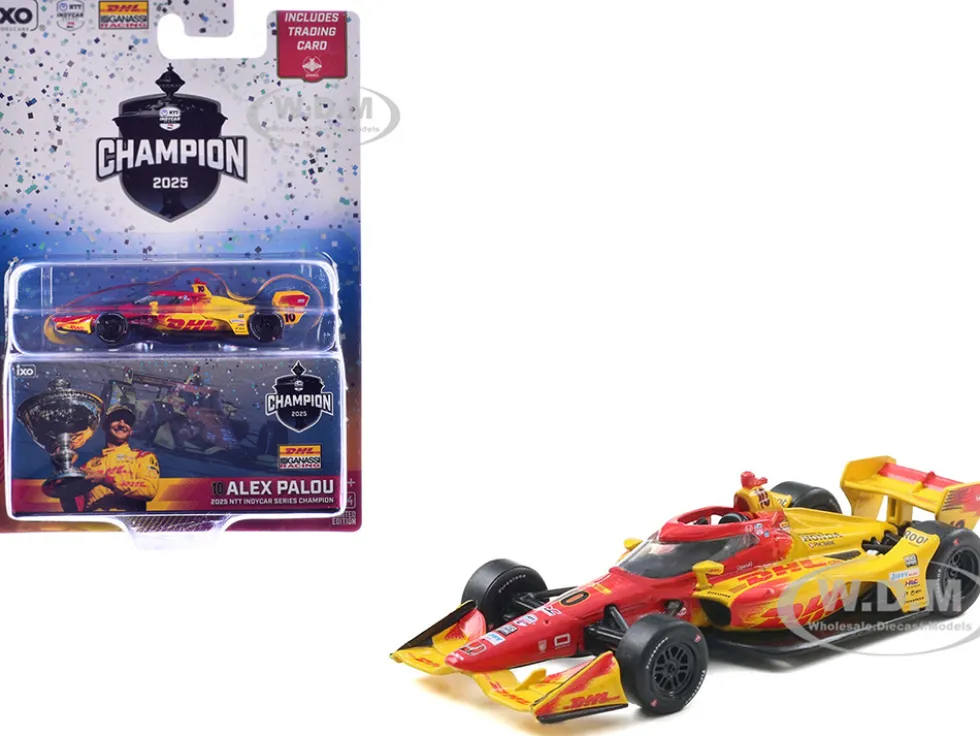 Dallara IndyCar #10 Alex Palou "DHL" Chip Ganassi Racing (Road Course Configuration) Champion "NTT IndyCar Series" (2025) with Trading Card 1/64 Diecast Model Car by IXO Models