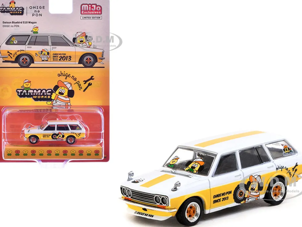 Datsun Bluebird 510 Wagon "Ohige no Pon" White with Orange Stripes and Graphics "Global64" Series 1/64 Diecast Model by Tarmac Works