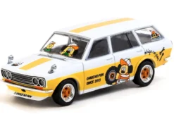 Datsun Bluebird 510 Wagon "Ohige no Pon" White with Orange Stripes and Graphics "Global64" Series 1/64 Diecast Model by Tarmac Works