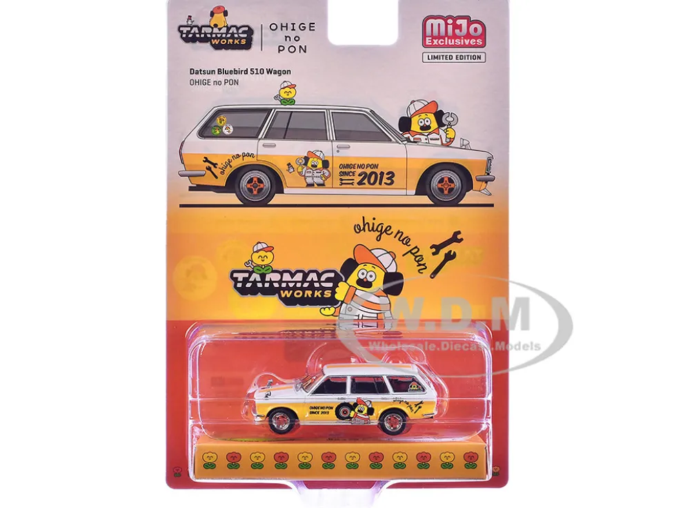 Datsun Bluebird 510 Wagon "Ohige no Pon" White with Orange Stripes and Graphics "Global64" Series 1/64 Diecast Model by Tarmac Works