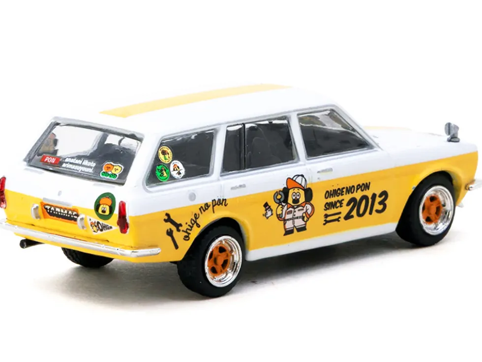 Datsun Bluebird 510 Wagon "Ohige no Pon" White with Orange Stripes and Graphics "Global64" Series 1/64 Diecast Model by Tarmac Works
