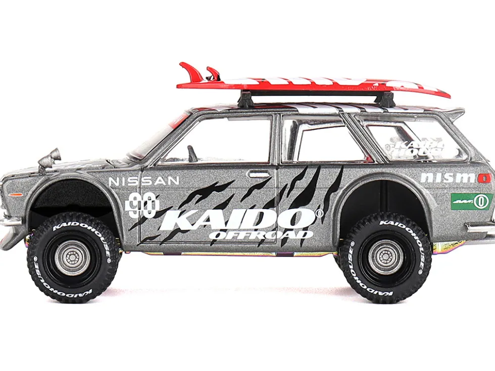 Datsun Kaido 510 Wagon 4x4 RHD (Right Hand Drive) "Kaido Offroad V1" Gray Metallic with Red Interior and Surfboards on Roof (Designed by Jun Imai) "Kaido House" Special 1/64 Diecast Model Car by Mini GT