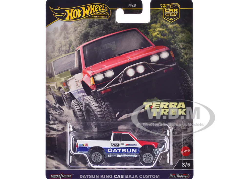 Datsun King Cab Baja Custom Pickup Truck #720 White and Blue with Red Hood "Terra Trek" Series Diecast Model Car by Hot Wheels