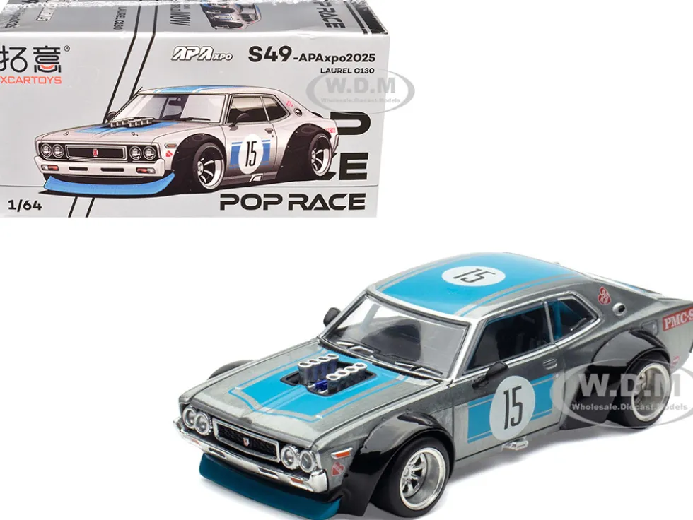 Datsun Laurel C130 RHD (Right Hand Drive) #15 Raw Metal with Blue Stripes "APA XPO 2025 Exclusive" 1/64 Diecast Model Car by Pop Race