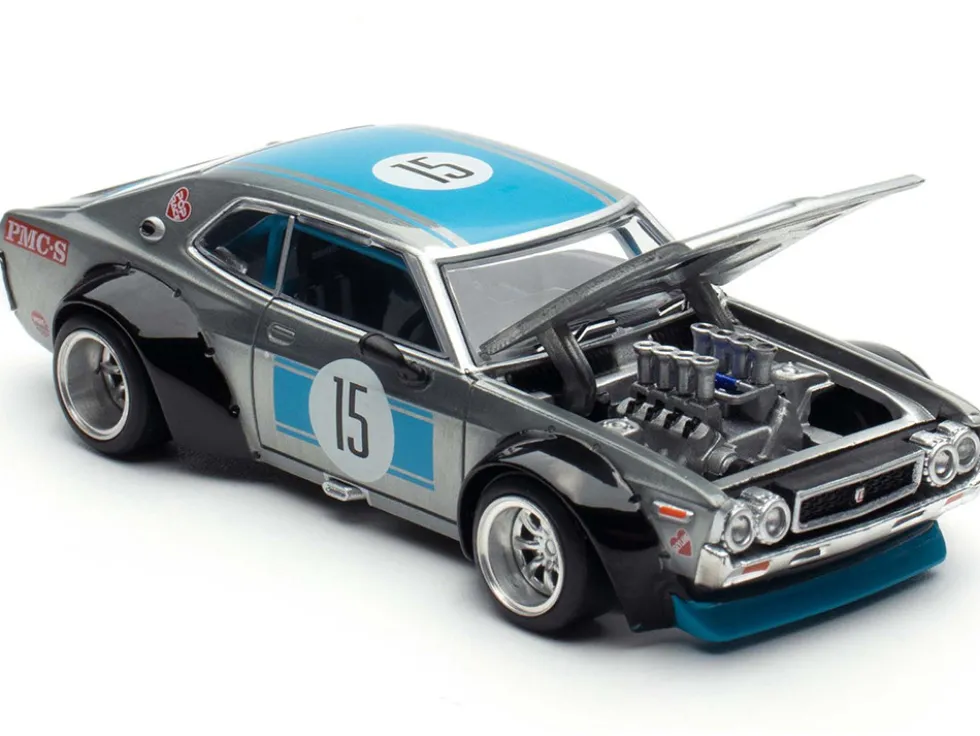 Datsun Laurel C130 RHD (Right Hand Drive) #15 Raw Metal with Blue Stripes "APA XPO 2025 Exclusive" 1/64 Diecast Model Car by Pop Race