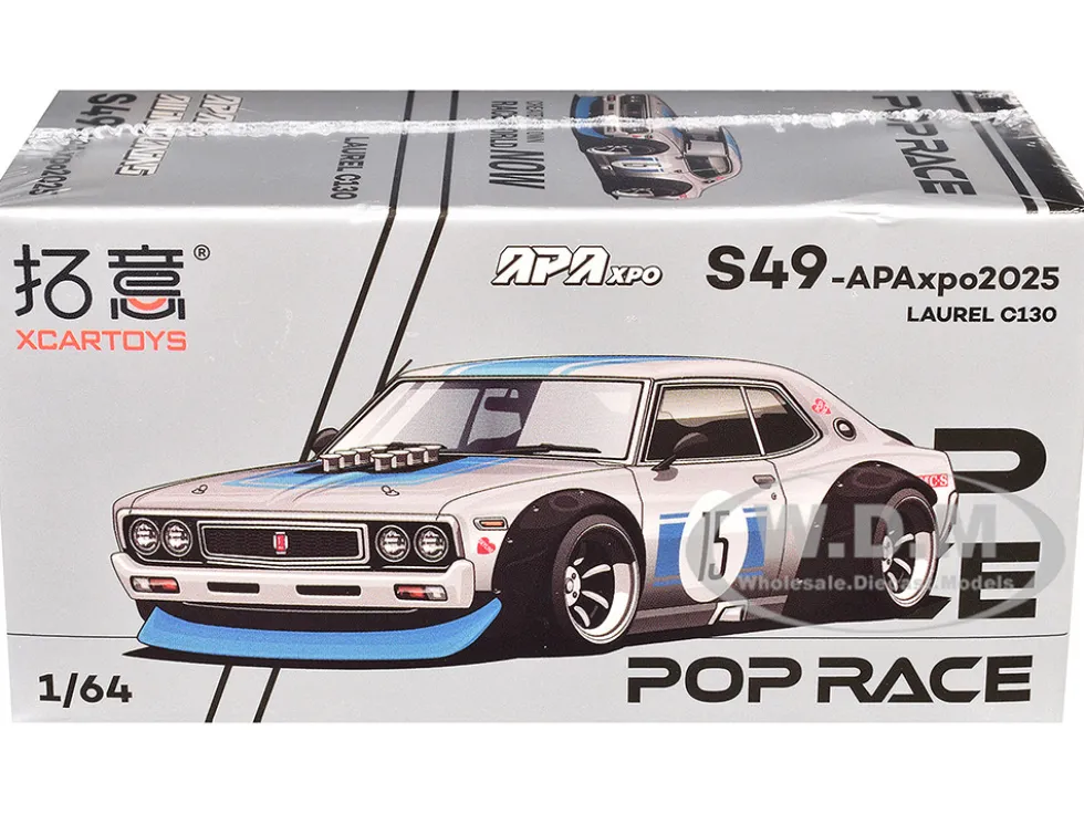 Datsun Laurel C130 RHD (Right Hand Drive) #15 Raw Metal with Blue Stripes "APA XPO 2025 Exclusive" 1/64 Diecast Model Car by Pop Race