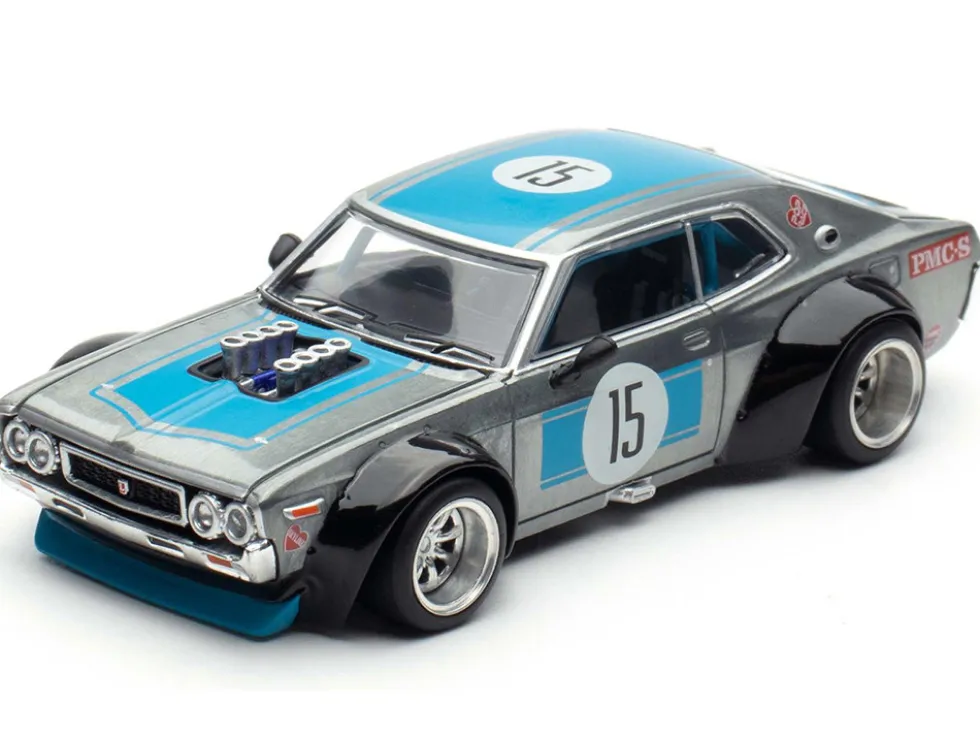Datsun Laurel C130 RHD (Right Hand Drive) #15 Raw Metal with Blue Stripes "APA XPO 2025 Exclusive" 1/64 Diecast Model Car by Pop Race