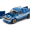 Datsun Pandem 620 Pickup Truck #66 Blue Metallic with White Stripes and Graphics 1/64 Diecast Model Car by Pop Race