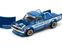 Datsun Pandem 620 Pickup Truck #66 Blue Metallic with White Stripes and Graphics 1/64 Diecast Model Car by Pop Race