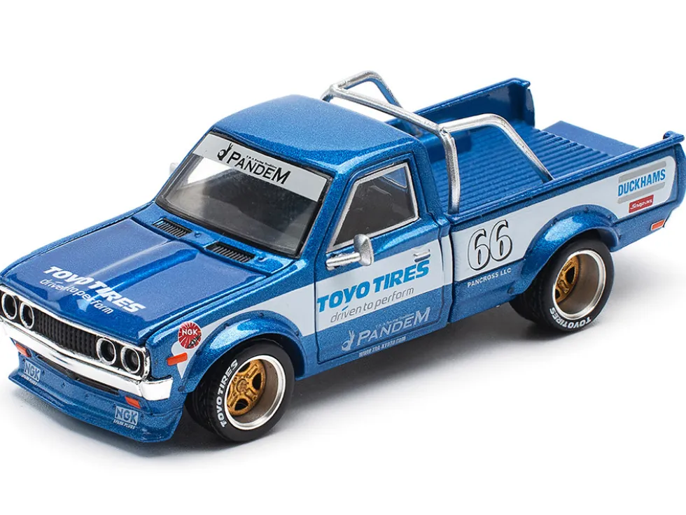 Datsun Pandem 620 Pickup Truck #66 Blue Metallic with White Stripes and Graphics 1/64 Diecast Model Car by Pop Race