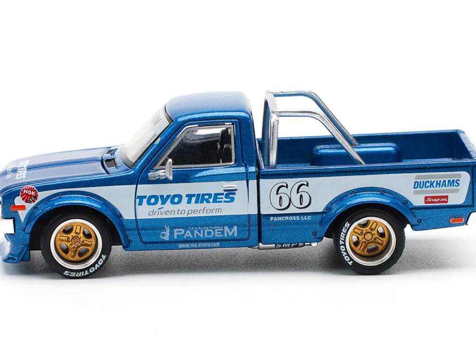 Datsun Pandem 620 Pickup Truck #66 Blue Metallic with White Stripes and Graphics 1/64 Diecast Model Car by Pop Race
