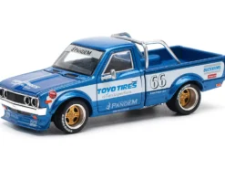 Datsun Pandem 620 Pickup Truck #66 Blue Metallic with White Stripes and Graphics 1/64 Diecast Model Car by Pop Race