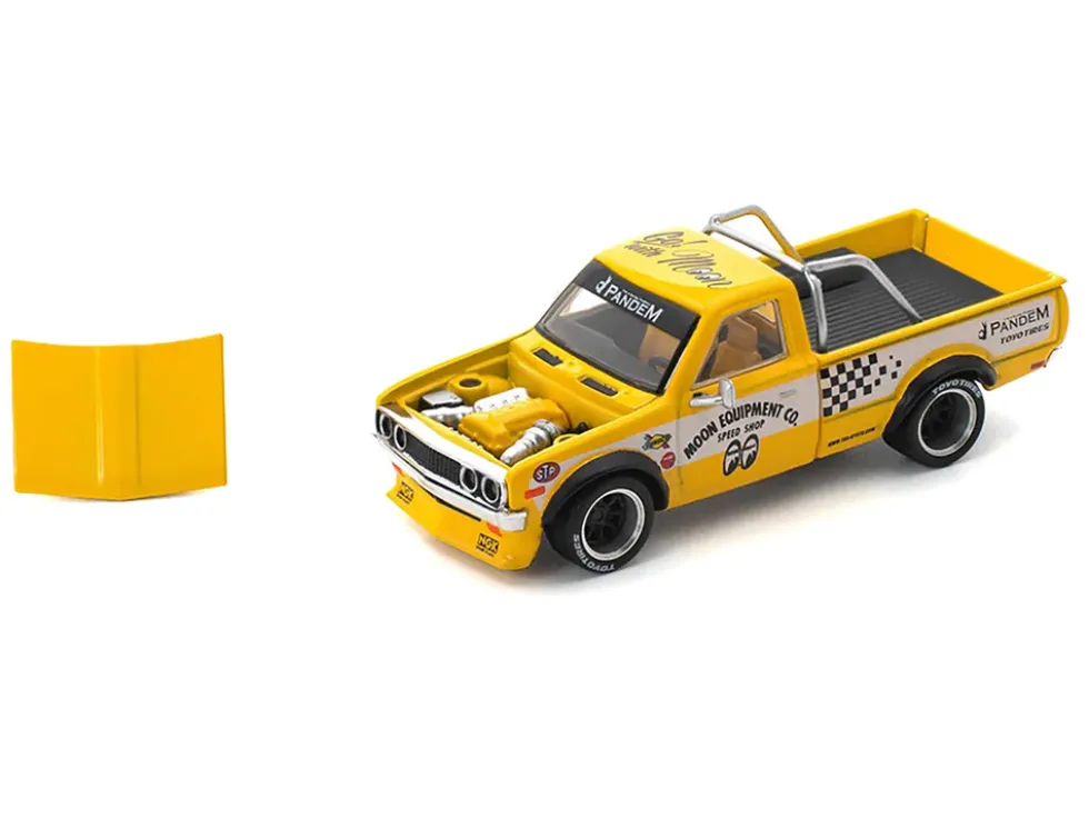 Datsun Pandem 620 Pickup Truck "MoonEyes" Yellow with White Sides and Graphics 1/64 Diecast Model Car by Pop Race