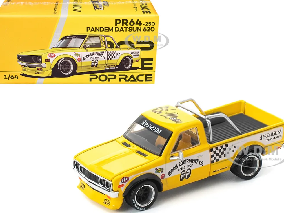 Datsun Pandem 620 Pickup Truck "MoonEyes" Yellow with White Sides and Graphics 1/64 Diecast Model Car by Pop Race