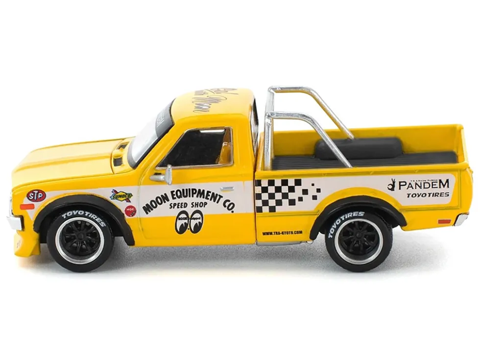 Datsun Pandem 620 Pickup Truck "MoonEyes" Yellow with White Sides and Graphics 1/64 Diecast Model Car by Pop Race