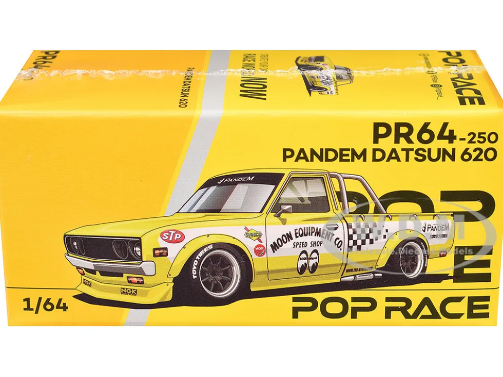 Datsun Pandem 620 Pickup Truck "MoonEyes" Yellow with White Sides and Graphics 1/64 Diecast Model Car by Pop Race