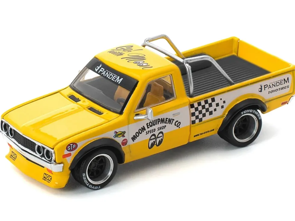 Datsun Pandem 620 Pickup Truck "MoonEyes" Yellow with White Sides and Graphics 1/64 Diecast Model Car by Pop Race