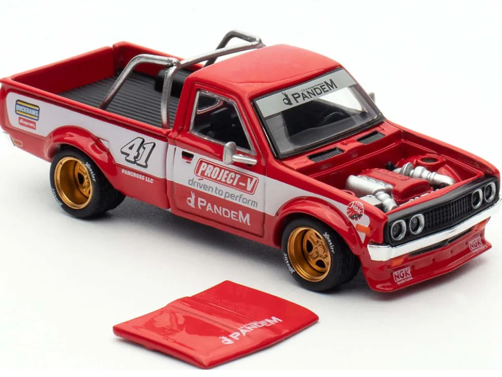 Datsun Pandem 620 Pickup Truck #41 Red Metallic with White Stripes and Graphics "2025 Thailand Diecast Expo" 1/64 Diecast Model Car by Pop Race