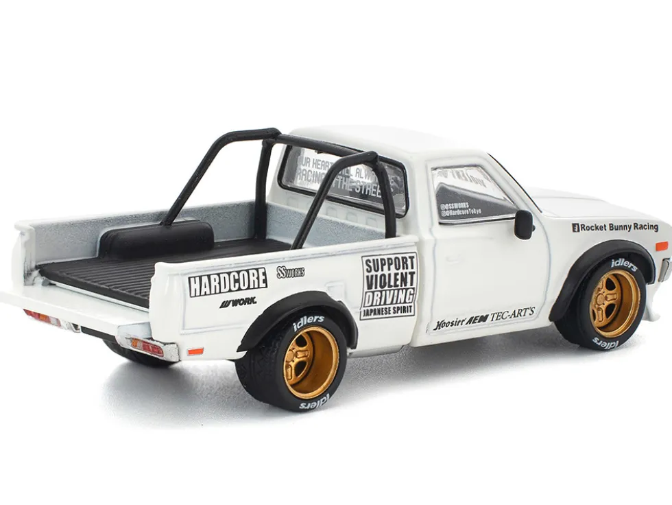 Datsun Pandem 620 Pickup Truck "Rocket Bunny Racing" White with Graphics 1/64 Diecast Model Car by Pop Race