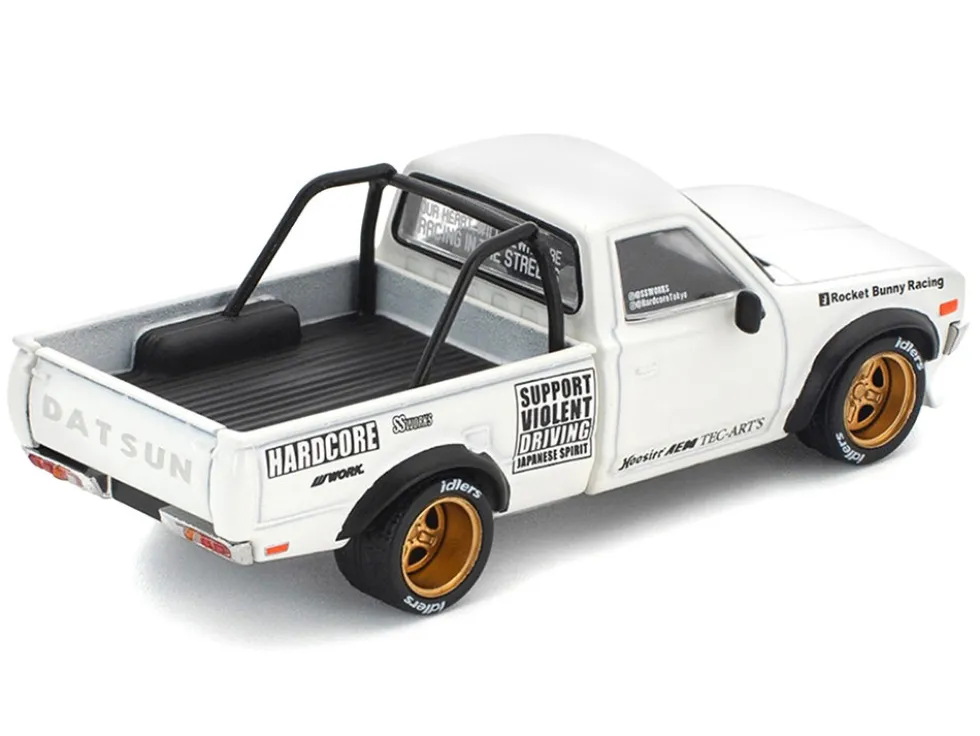 Datsun Pandem 620 Pickup Truck "Rocket Bunny Racing" White with Graphics 1/64 Diecast Model Car by Pop Race