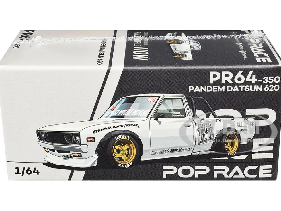 Datsun Pandem 620 Pickup Truck "Rocket Bunny Racing" White with Graphics 1/64 Diecast Model Car by Pop Race