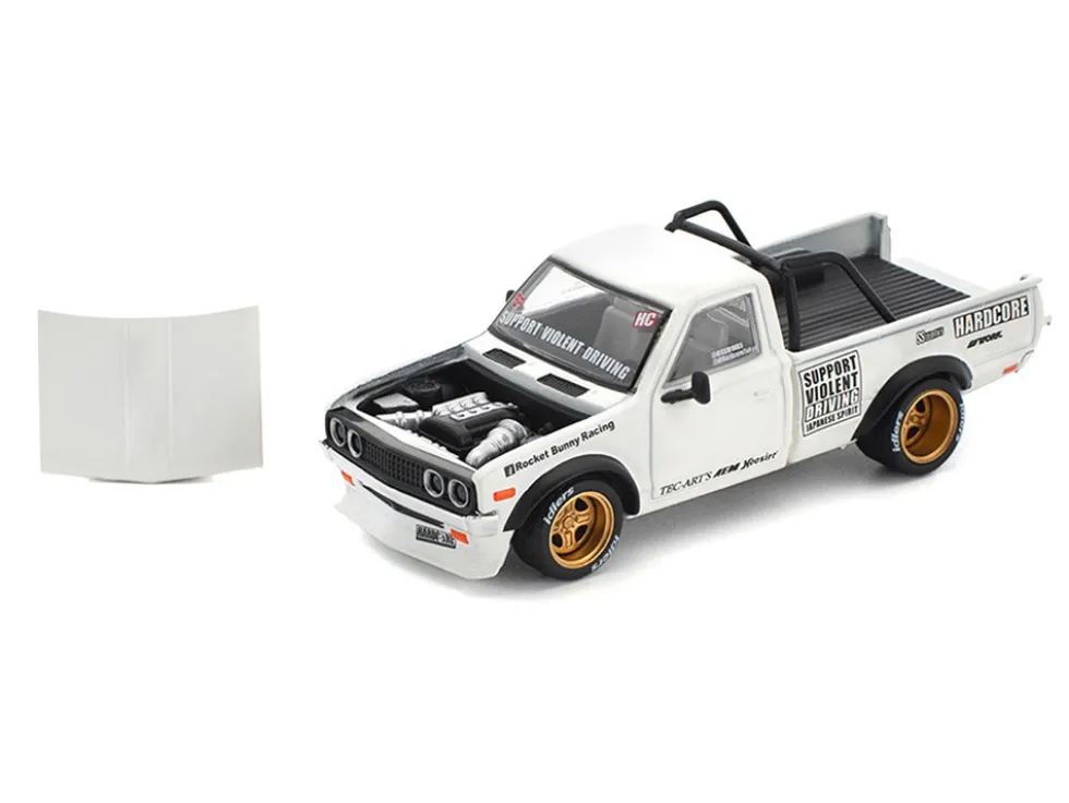 Datsun Pandem 620 Pickup Truck "Rocket Bunny Racing" White with Graphics 1/64 Diecast Model Car by Pop Race