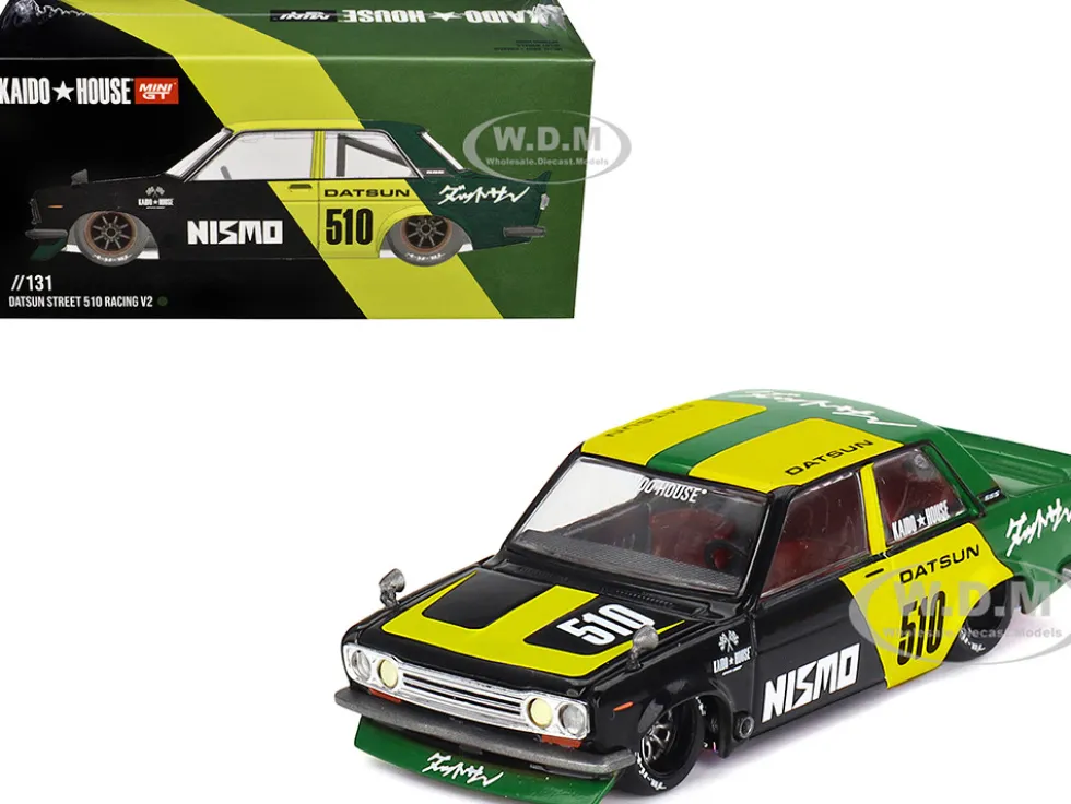 Datsun Street 510 "Racing V2" Black and Green with Yellow Accents (Designed by Jun Imai) "Kaido House" Special 1/64 Diecast Model Car by Mini GT