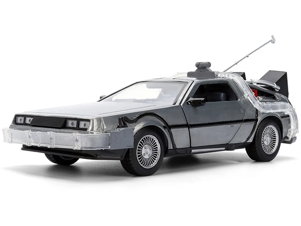 DeLorean Brushed Metal Time Machine with Lights "Back to the Future" (1985) Movie "40th Anniversary" Special Packaging "Hollywood Rides" Series 1/24 Diecast Model Car by Jada