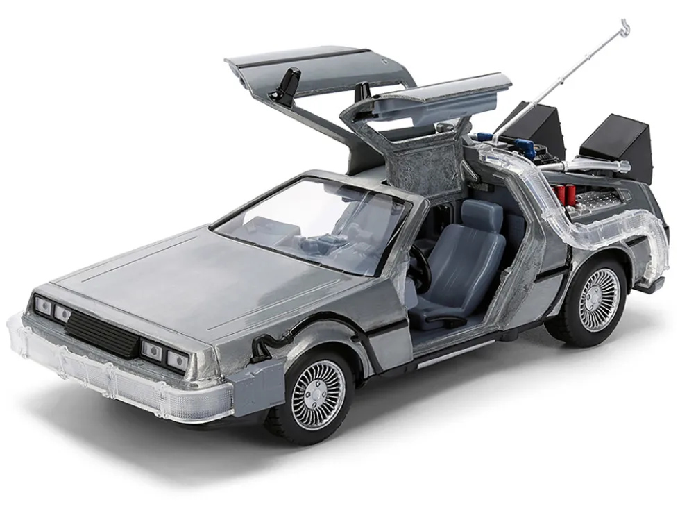DeLorean Brushed Metal Time Machine with Lights "Back to the Future" (1985) Movie "40th Anniversary" Special Packaging "Hollywood Rides" Series 1/24 Diecast Model Car by Jada