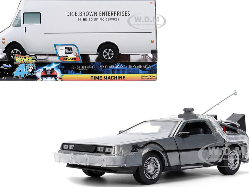 DeLorean Brushed Metal Time Machine with Lights "Back to the Future" (1985) Movie "40th Anniversary" Special Packaging "Hollywood Rides" Series 1/24 Diecast Model Car by Jada
