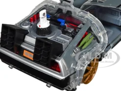 DeLorean Brushed Metal Time Machine Train Wheel Version with Lights Back to the Future Part III 1990 Movie Hollywood Rides Series 1/24 Diecast Model Car Jada 34996