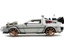 DeLorean Brushed Metal Time Machine Train Wheel Version with Lights Back to the Future Part III 1990 Movie Hollywood Rides Series 1/24 Diecast Model Car Jada 34996